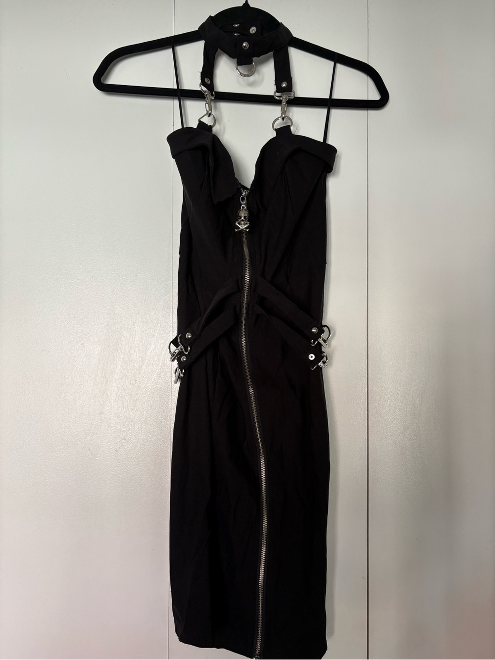 Killstar Black Gothic Midi Bodycon Dress with Silver Hardware and Choker Detail